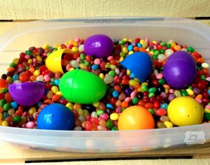 Leftover jelly beans, use in sensory bin with plastic eggs