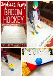 Stuck inside with the kids? Make this simple indoor "ice" skating rink for your kids to play broom hockey!