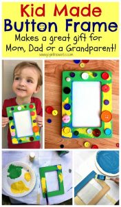 Looking for a kid made gift for mom, dad or a grandparent? A kid made button frame with a sweet picture of the child makes a great gift and is sure to please any relative!