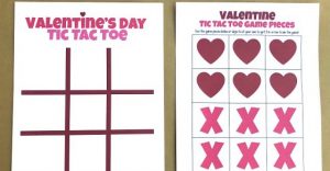 Need a quick and easy printable Valentine's Day Party Game? Valentine Themed Tic Tac Toe is always a hit, especially when you pair it with chocolate kisses or candy hearts! Download the free printable Valentine's Day game complete with game pieces or get inspired by the numerous creative game piece ideas! #valentinesdayparty #valentinesdaypartygames #kidgames #printablegame #freeprintable #tictactoe