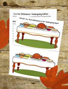 Keep the kids entertained with this Find the Differences Thanksgiving Printable. It's perfect for a Class Thanksgiving Feast at School or for Thanksgiving family fun at home!